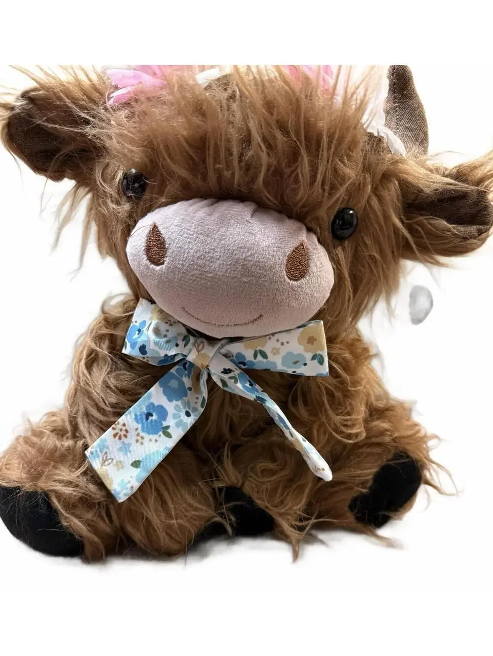Highland Cow Bull 14” Tall Adorable Weighted Plush, Bow Flowers Horns